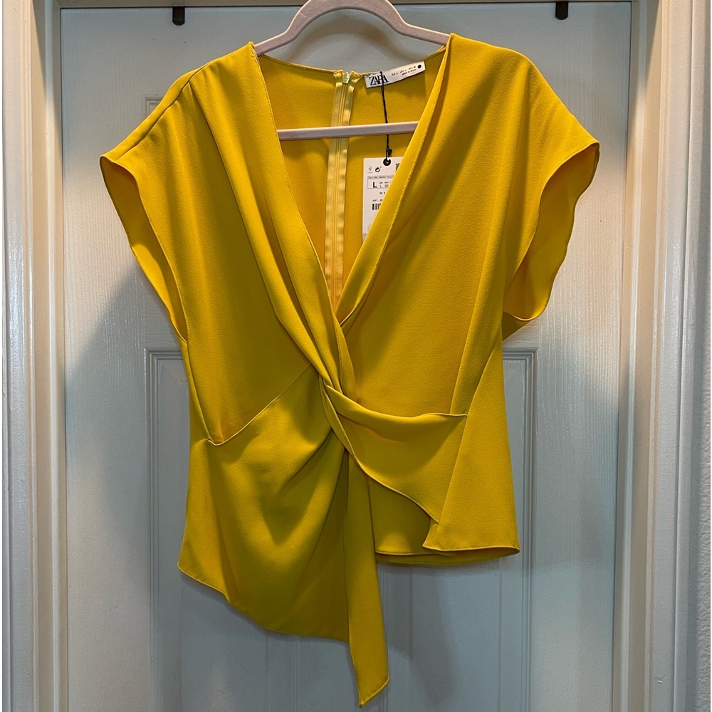 Yellow Zara Draped Wrap Twist Blouse